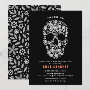 Halloween Skull Black Floral Birthday Invitation Kaart