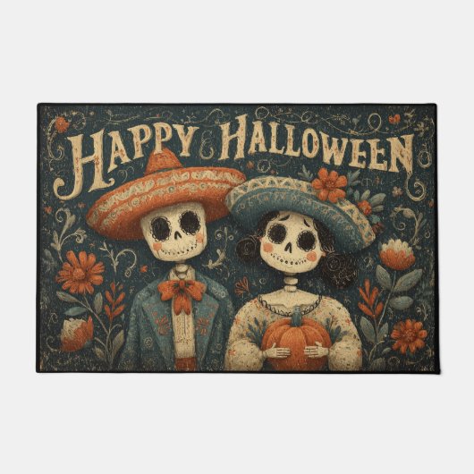 Halloween Skull Couple with Pumpkins and Sombreros Deurmat (Voorkant)