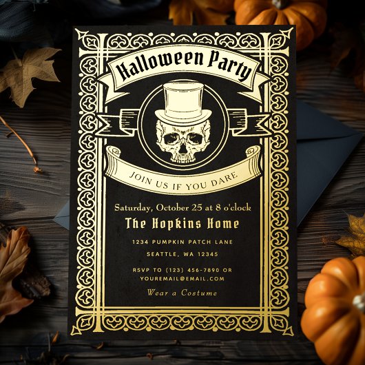  Halloween Skull in Top Hat Party Invitation Folie Uitnodiging
