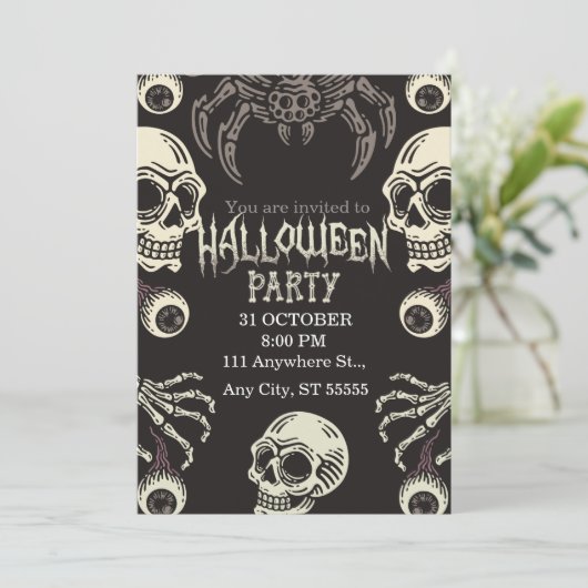 Halloween Skull Invitation Zwart Wit Kaart (Staand voorkant)
