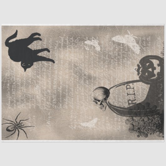 Halloween Skull op Tombstone en Black Cat Tissuepapier (Voorkant)