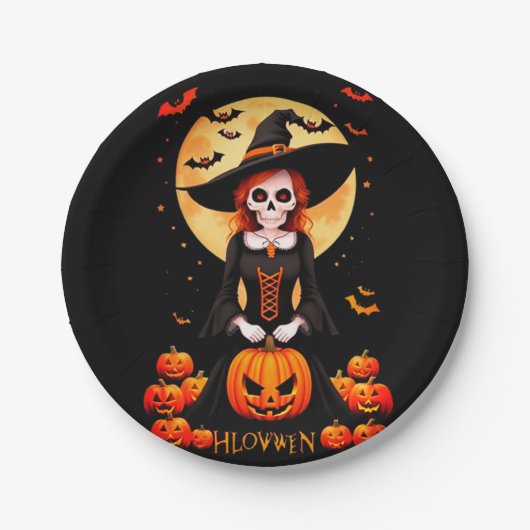 Halloween Skull Scarecrow met pompoen Papieren Bordje (Voorkant)