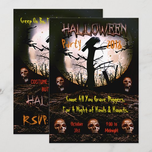 Halloween Skull Screaming Moon Party Kaart (Voorkant / Achterkant)
