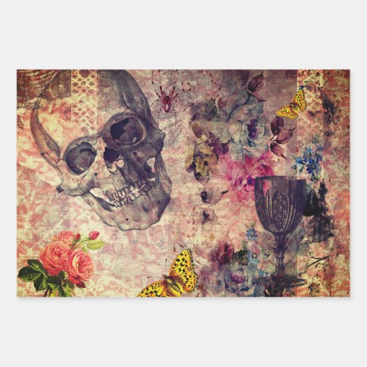 Halloween Skull, Wine Glass and Yellow Butterfly Inpakpapier Vel (Voorkant 3)