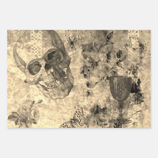 Halloween Skull, Wine Glass and Yellow Butterfly Inpakpapier Vel (Voorkant 2)