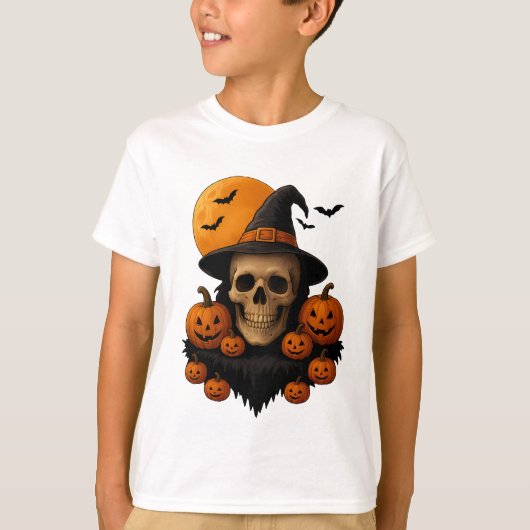 Halloween Skull With Pumpkins and Witch Hat T-Shir T-shirt (Voorkant)