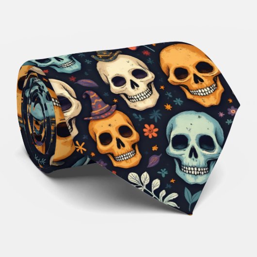 Halloween Skulls and Flowers Stropdas (Opgerold)