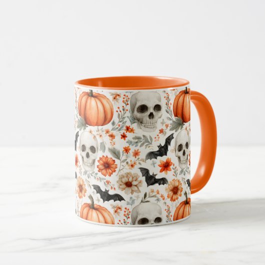 Halloween Skulls bloemen en pompoenen Mok (Voorkant rechts)