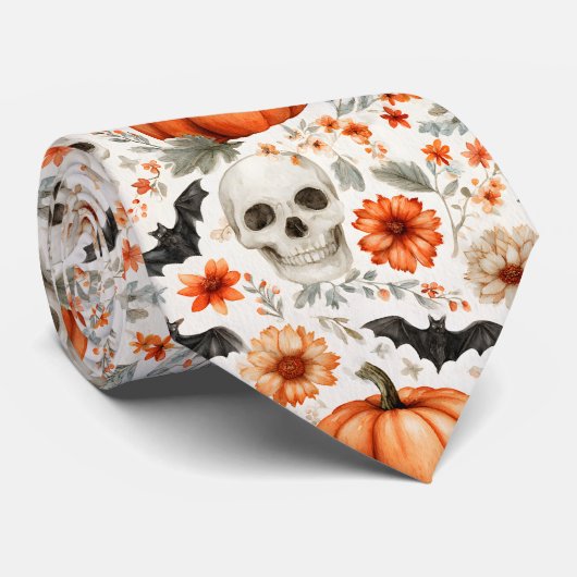 Halloween Skulls bloemen en pompoenen Stropdas (Opgerold)