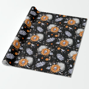 Halloween skulls en bloemen naadloos patroon cadeaupapier
