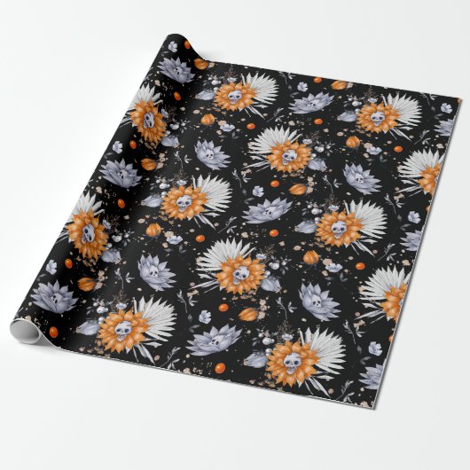 Halloween skulls en bloemen naadloos patroon cadeaupapier (Uitgerold)