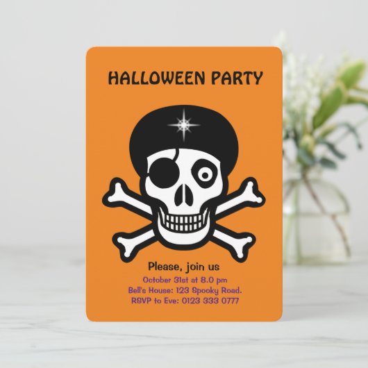 Halloween skulls op oranje uitnodiging (Staand voorkant)