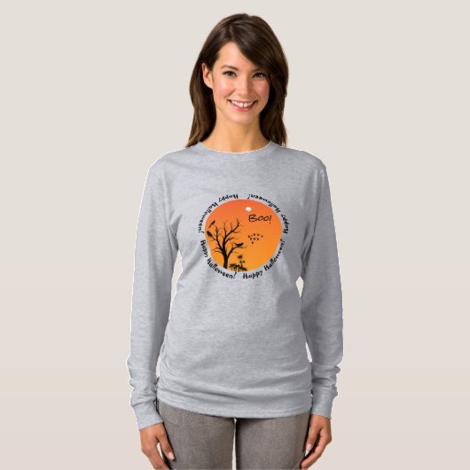 Halloween Sky, zwarte vogels in Tree Silhouette T-shirt (Voorkant volledig)