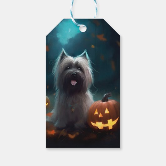 Halloween Skye Terrier met pomkins Scary Cadeaulabel (Achterkant)