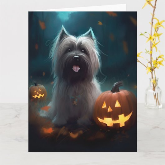 Halloween Skye Terrier met pomkins Scary Kaart (Gele Bloem)