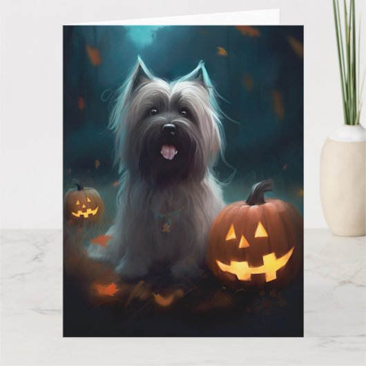 Halloween Skye Terrier met pomkins Scary Kaart (Voorkant)