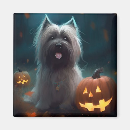 Halloween Skye Terrier met pomkins Scary Magneet (Voorkant)
