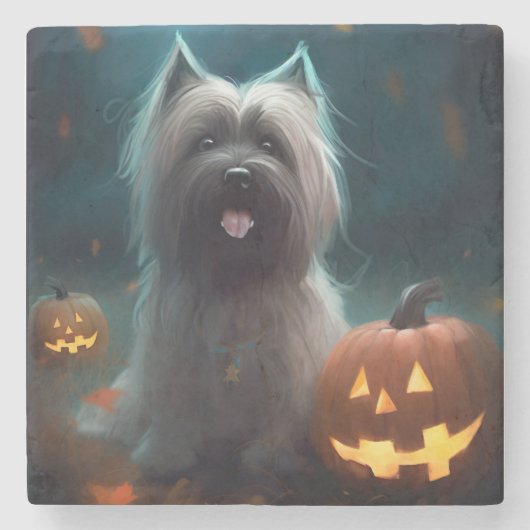 Halloween Skye Terrier met pomkins Scary Stenen Onderzetter (Voorkant)