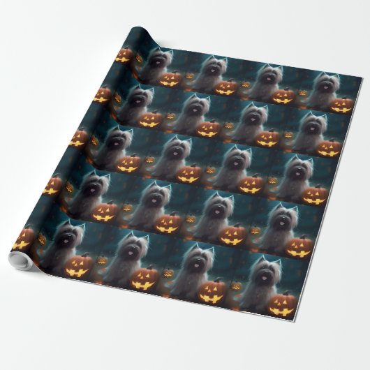 Halloween Skye Terrier Met Pompoenen Eng Cadeaupapier (Uitgerold)