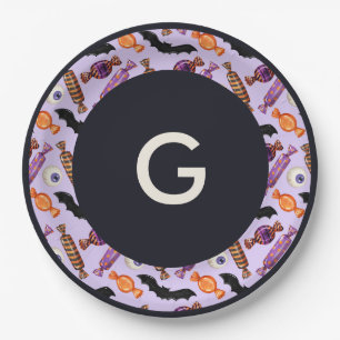 Halloween Snoep behandelt Paarse monogram Papieren Bordje