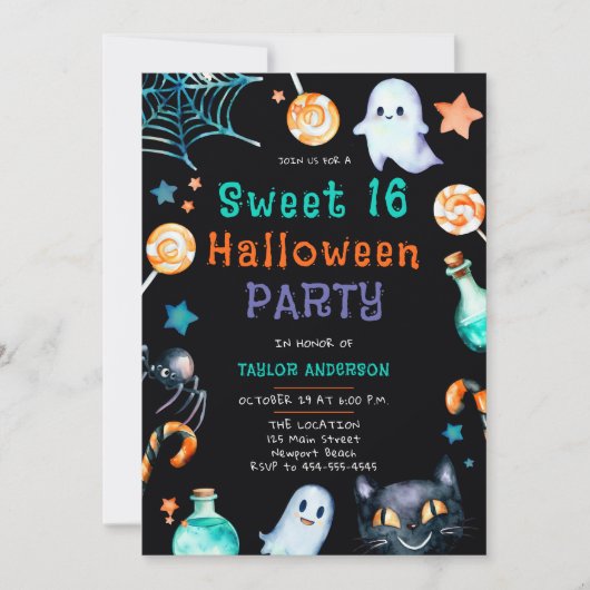 Halloween Snoep Lijst Geesten Zwart Cat Sweet 16 Kaart (Voorkant)
