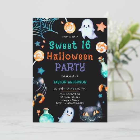 Halloween Snoep Lijst Geesten Zwart Cat Sweet 16 Kaart (Staand voorkant)