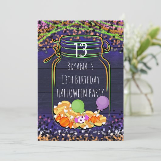 Halloween Snoep Mason Jar Party Uitnodigingen (Staand voorkant)