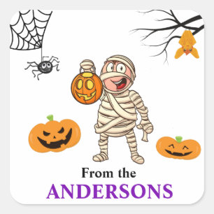 Halloween snoepje label Cute mummie jongen sticker