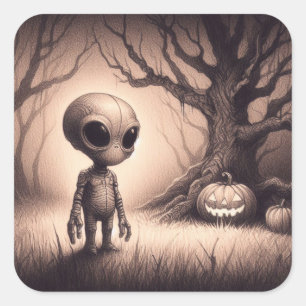 Halloween Space Alien met Pompoen Vierkante Sticker