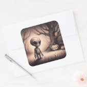 Halloween Space Alien met Pompoen Vierkante Sticker (Envelop)