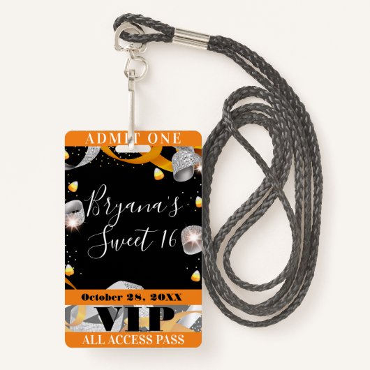 Halloween Sparkle Sweet 16 Party VIP Pass Badge (Voorkant met draagriem)
