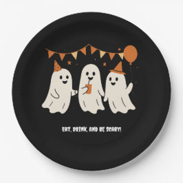 Halloween Speelse Witte Geest Zwarte Festiviteiten Papieren Bordje