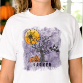 Halloween Spider Bat Spooky Tree Naam Paarse T-shirt