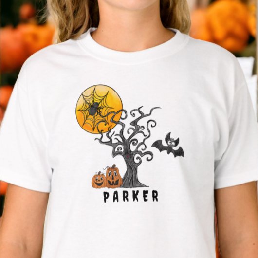 Halloween Spider Bat Spooky Tree Pompoenen Naam T-shirt