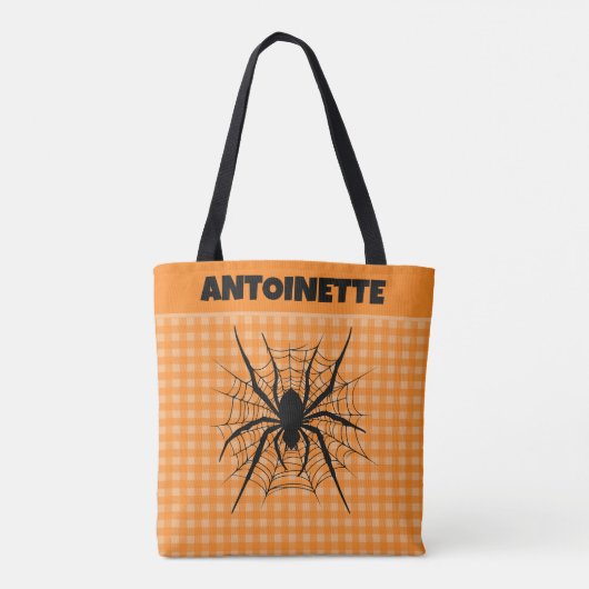 Halloween Spider in Cobweb Orange Gingham Plaid Tote Bag (Achterkant)