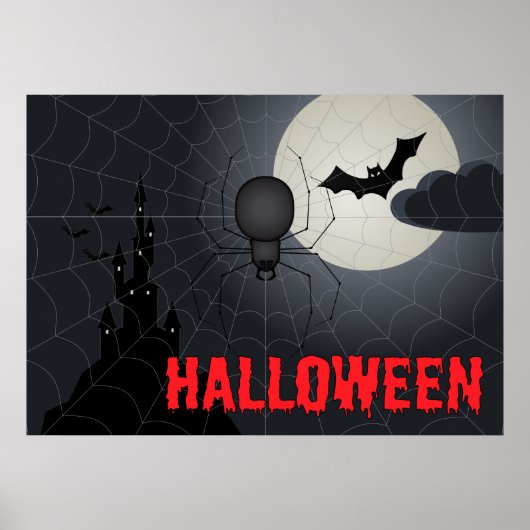 Halloween Spider in Spiderweb Night Scene Poster (Voorkant)