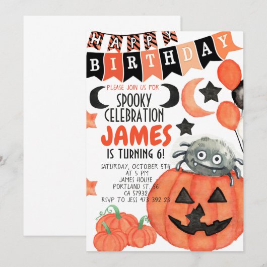 Halloween Spider Pumpkin Birthday Uitnodiging  (Voorkant / Achterkant)
