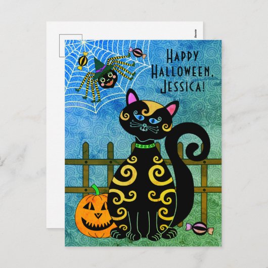 Halloween Spider Witch Aangepaste naam Feestdagenkaart (Voorkant / Achterkant)