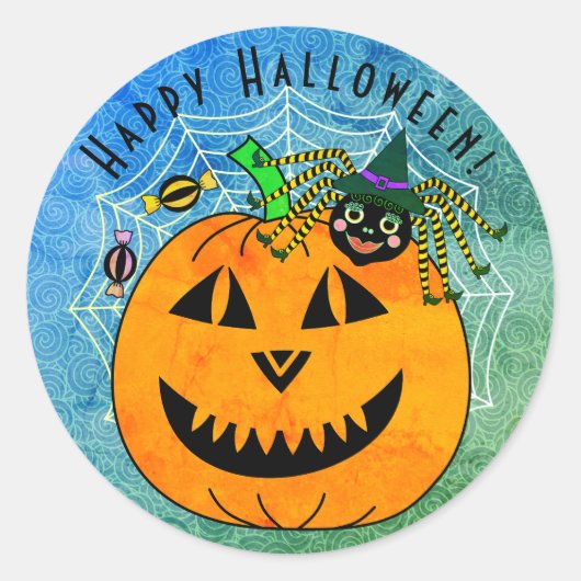 Halloween Spider Witch en Pompoen Ronde Sticker (Voorkant)
