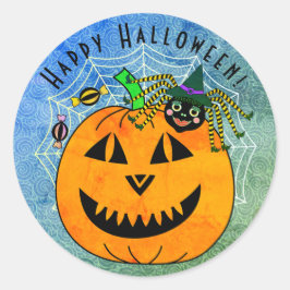 Halloween Spider Witch en Pompoen Ronde Sticker