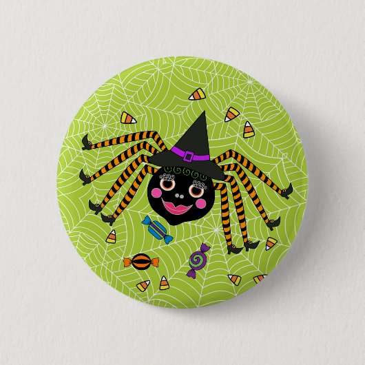 Halloween Spider Witch met Snoep Rond Ronde Button 5,7 Cm (Voorkant)