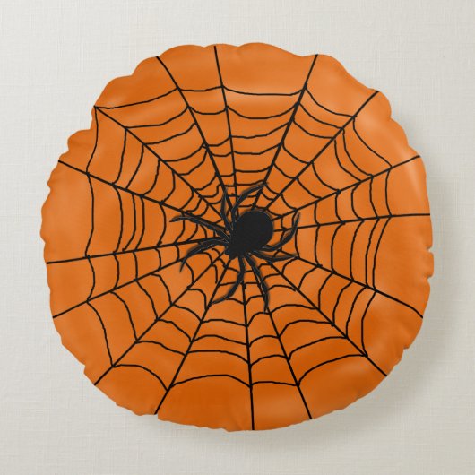 Halloween Spiders Web met Spider op Sinaasappel Rond Kussen (Voorkant)