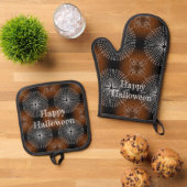 Halloween Spiderweb spinnen zwart sinaasappel wit Ovenwant & Pannenlap Set (Top down)