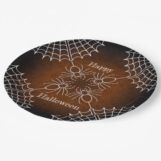 Halloween Spiderweb spinnen zwart sinaasappel wit Papieren Bordje (Gekanteld)