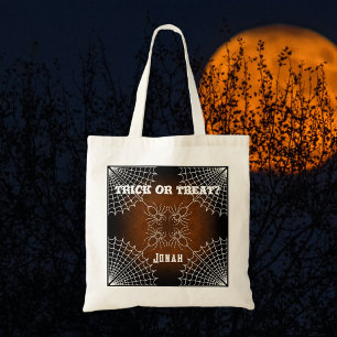 Halloween Spiderweb spinnen zwart sinaasappel wit Tote Bag