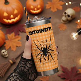 Halloween Spin in Spinnenweb Oranje Gingham Plaid Geïsoleerde Drinkbeker