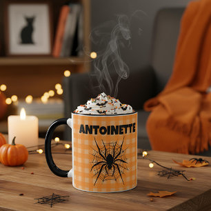Halloween Spin in Spinnenweb Oranje Gingham Plaid Mok