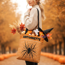 Halloween Spin in Spinnenweb Oranje Gingham Plaid Tote Bag