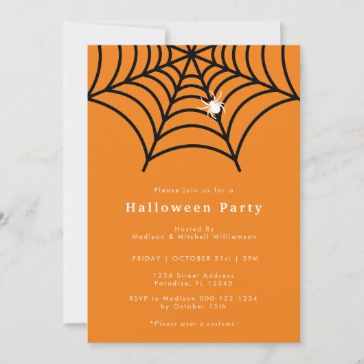 Halloween Spin Web Spooky Modern Oranje Party Kaart (Voorkant)