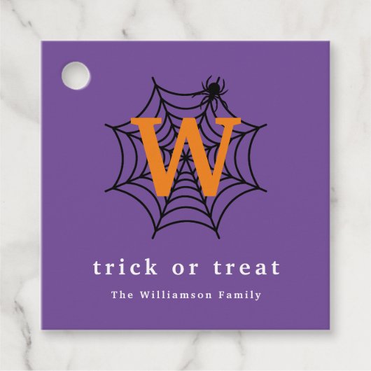 Halloween Spin Web Trick or treat Monogram Bedankjes Labels (Voorkant)